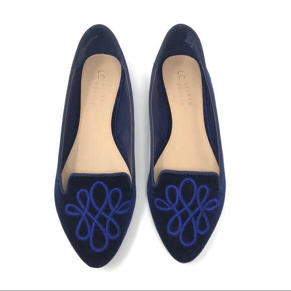 LC LAUREN CONRAD Navy Embroidered Pointed Loafers - Picture 2 of 5